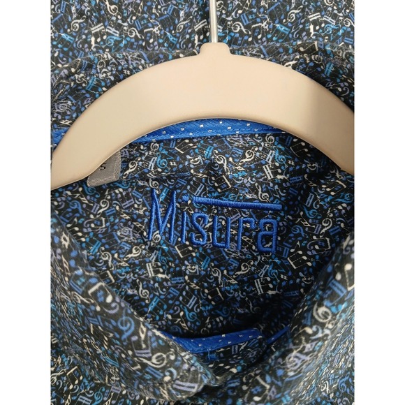 Misura Shirt Mens Small Blue‎ Black Music Notes Print Button Up Cotton Stretch - Picture 2 of 8